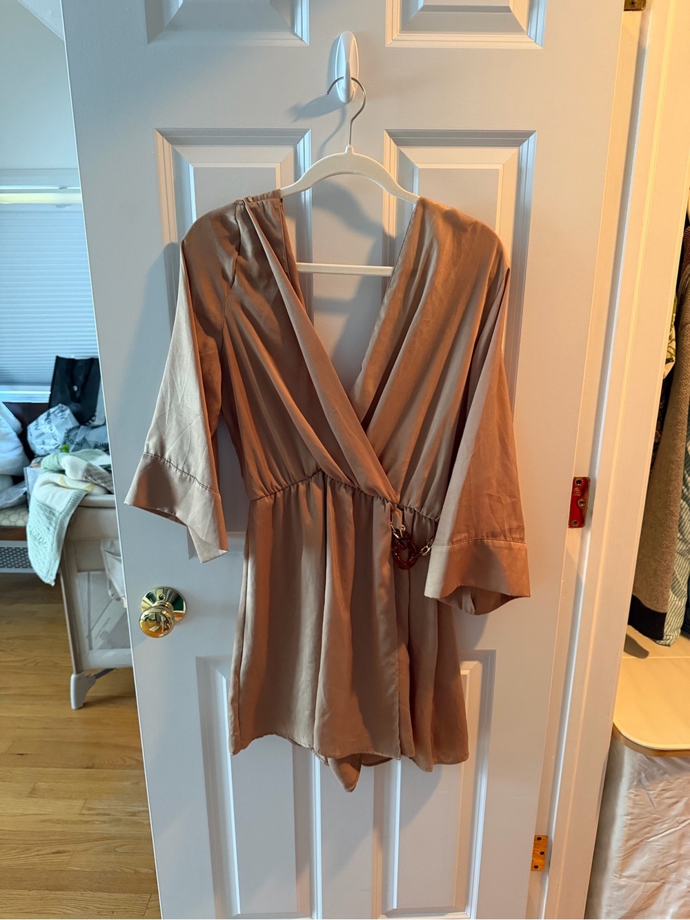 Zara Taupe Wrap Romper with V-Neck